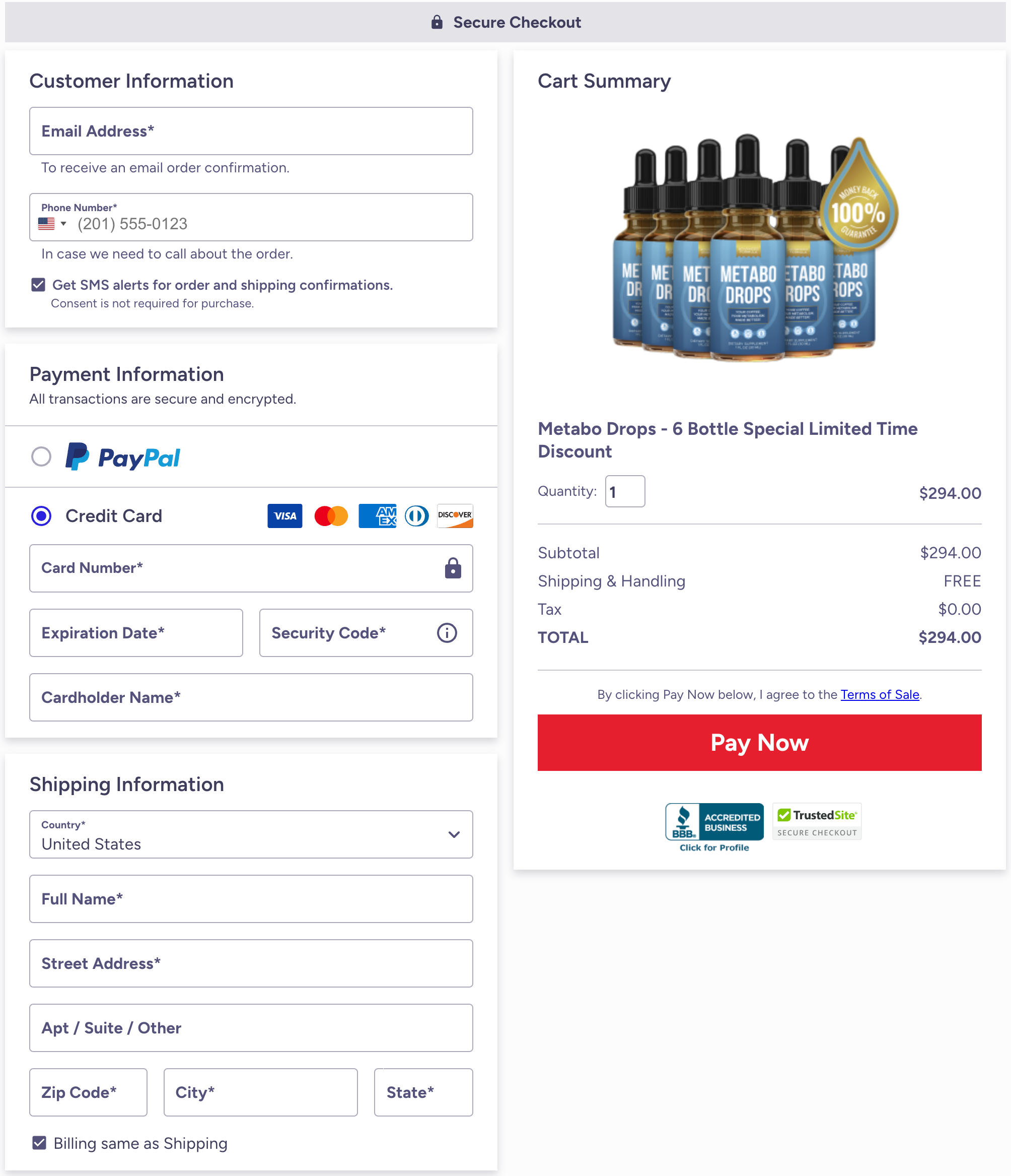 MetaboDrops secure checkout order page screenshot